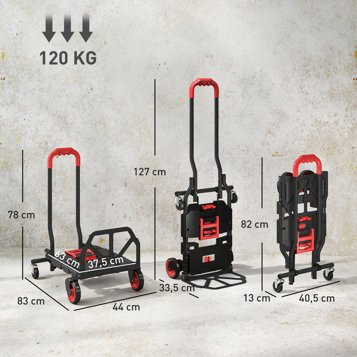 Nokkakärry ja lavakärry 2-in-1, kokoontaitettava, kääntyvät pyörät, teräs, 120 kg, musta/punainen
