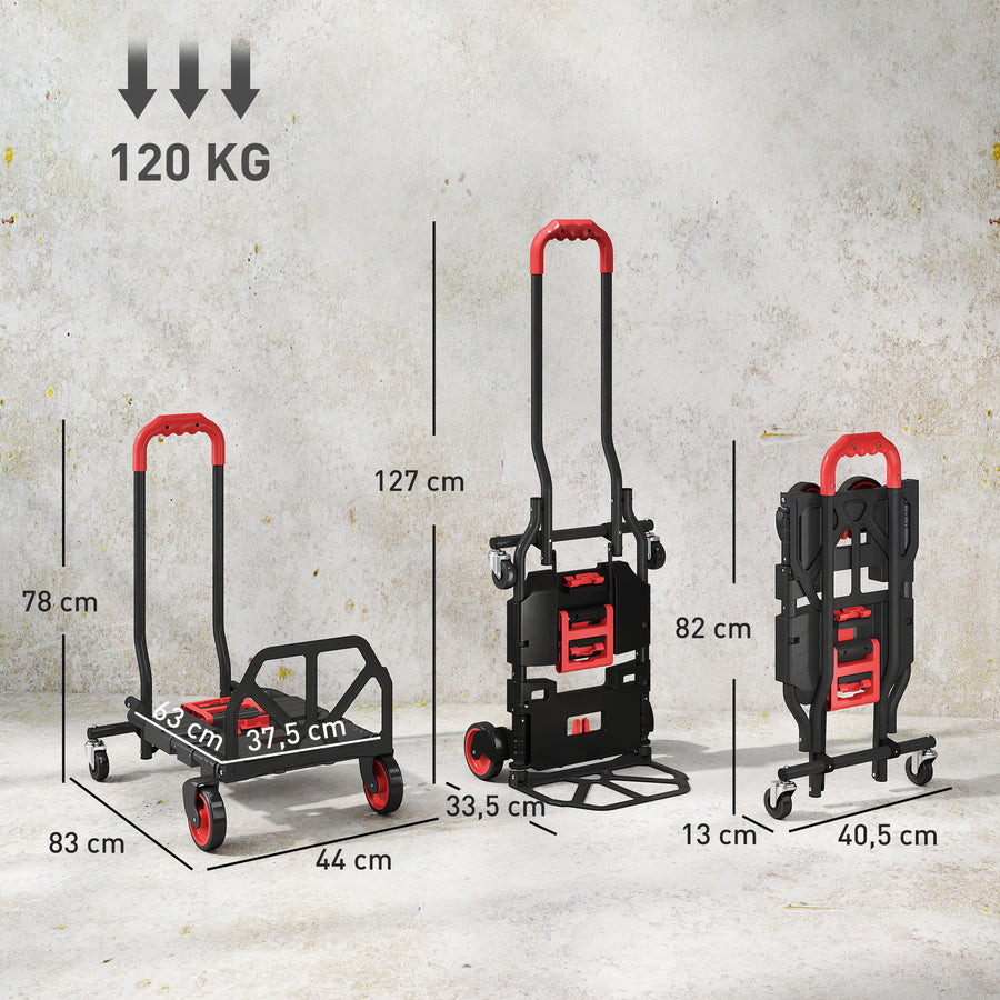 Nokkakärry ja lavakärry 2-in-1, kokoontaitettava, kääntyvät pyörät, teräs, 120 kg, musta/punainen