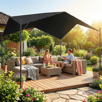 Pergola harjakatolla ja kolmiotuilla, 3 x 3 m, tummanharmaa