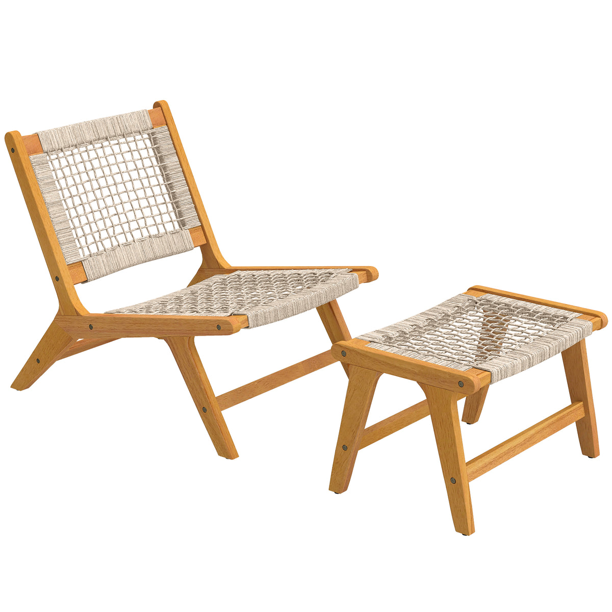 Akaasiapuinen lepotuoli ja rahi punotulla istuimella, boho, luonnonpuu/beige