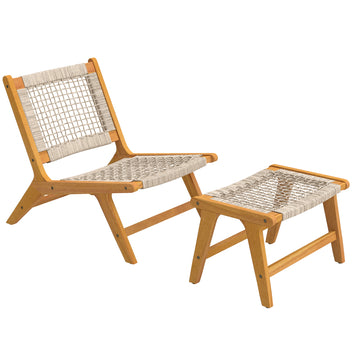 Akaasiapuinen lepotuoli ja rahi punotulla istuimella, boho, luonnonpuu/beige