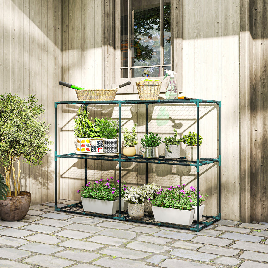 Leveä kolmitasoinen kukkahylly, 143 x 48 x 100 cm, tummanvihreä