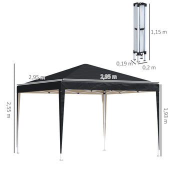 Pop-up-katos 2,95 x 2,95 m kantolaukulla, UV-suoja, musta