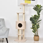 Kissan raapimispuu pesällä ja reunallisella ylätasolla, 148 cm, beige