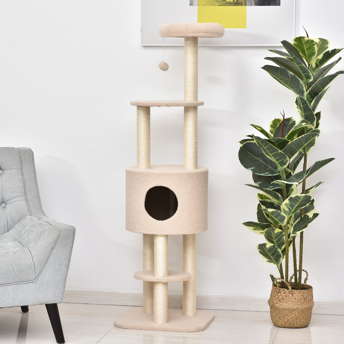 Kissan raapimispuu pesällä ja reunallisella ylätasolla, 148 cm, beige
