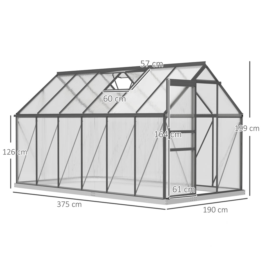 Iso alumiininen polykarbonaattikasvihuone perustuksella, 7,1 m², tummanharmaa