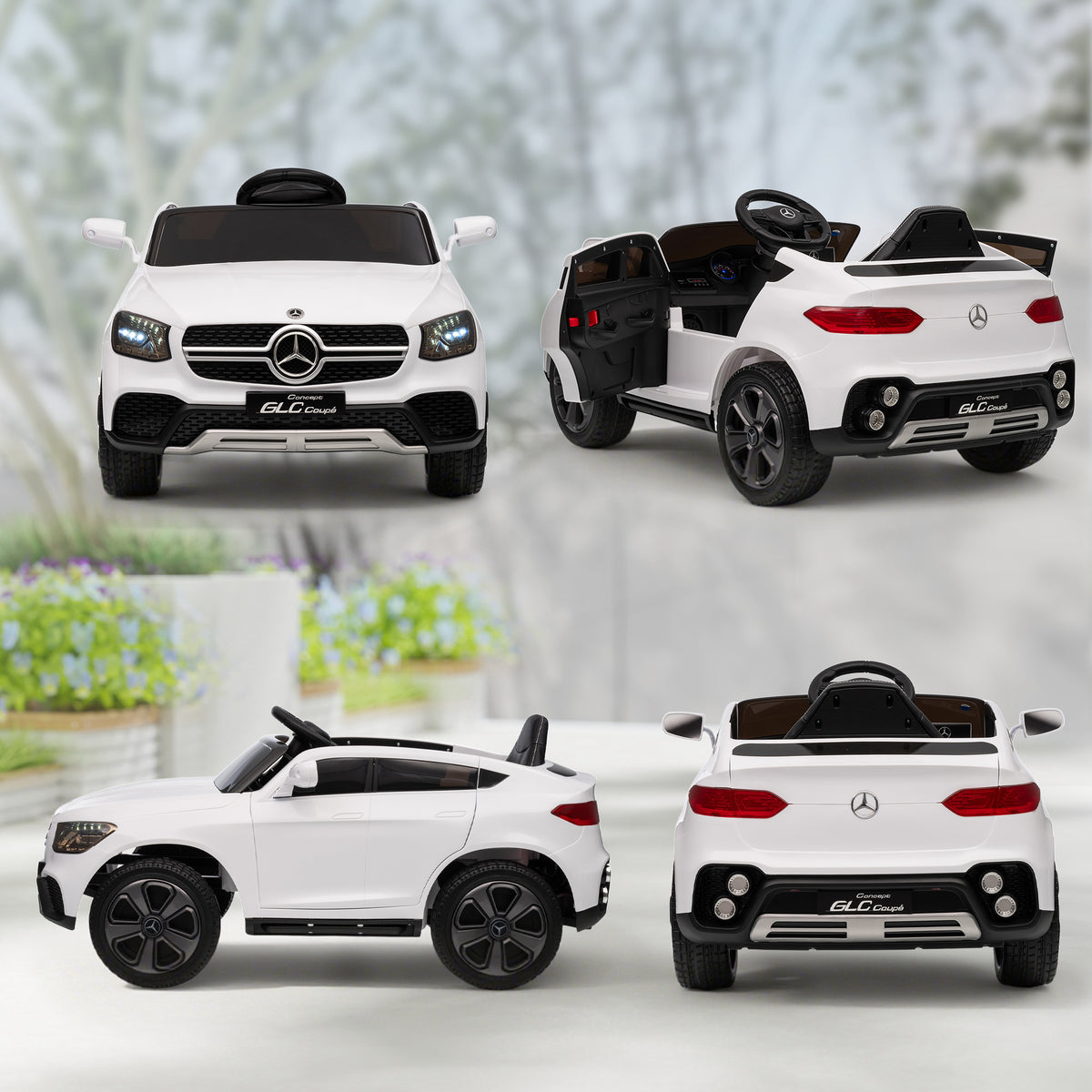 Lasten sähköauto Mercedes-Benz GLC Coupé 12V, kaukosäädin, LED ja musiikki, 3–6 v, valkoinen