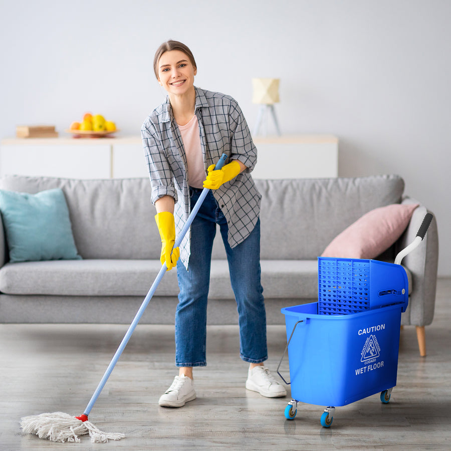 Moppiämpäri 20 l puristimella ja kahvalla, pyörät, muovi, sininen