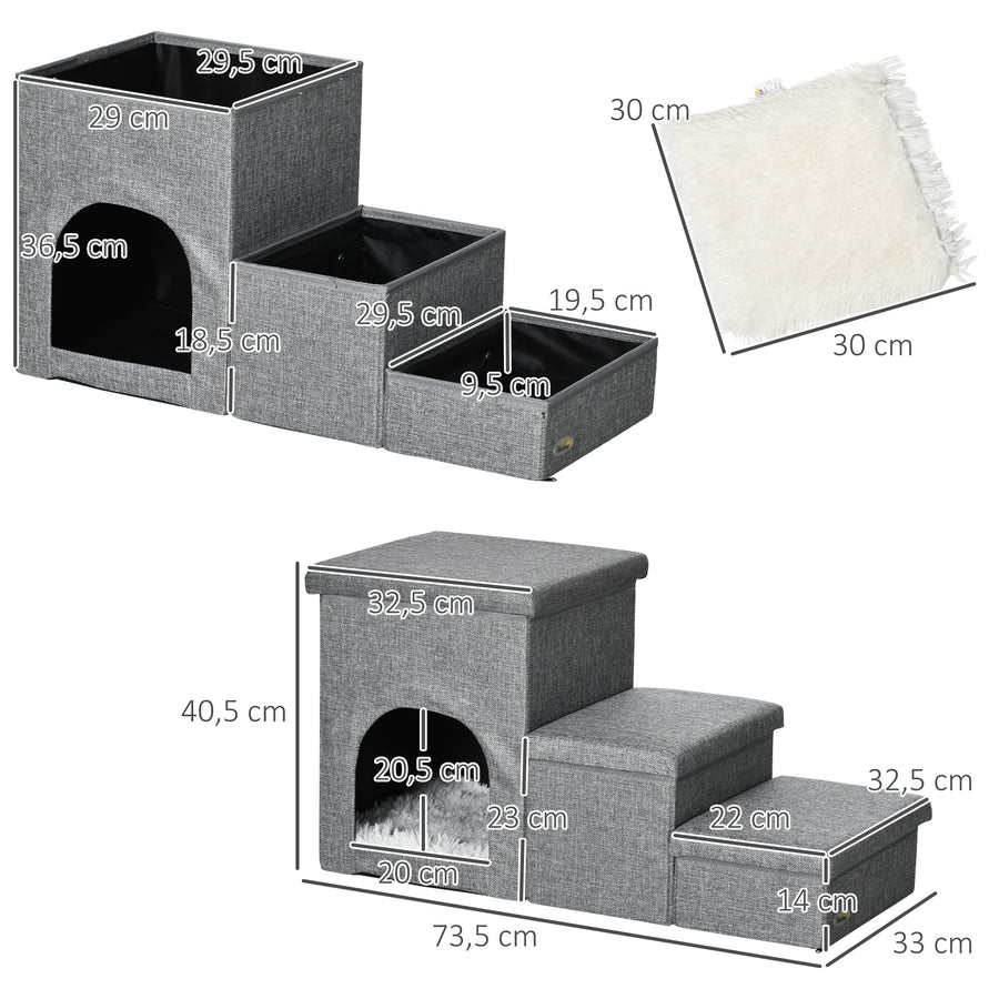 Lemmikin portaat petillä ja piilotetulla säilytystilalla, 10 kg asti, 73,5 x 33 x 40,5 cm, vaaleanharmaa