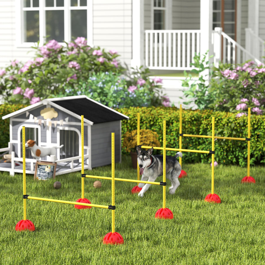 Koiran agility-hyppyesteet 4 kpl, korkeus 15–95 cm, täytettävät jalustat, kantolaukku, keltainen