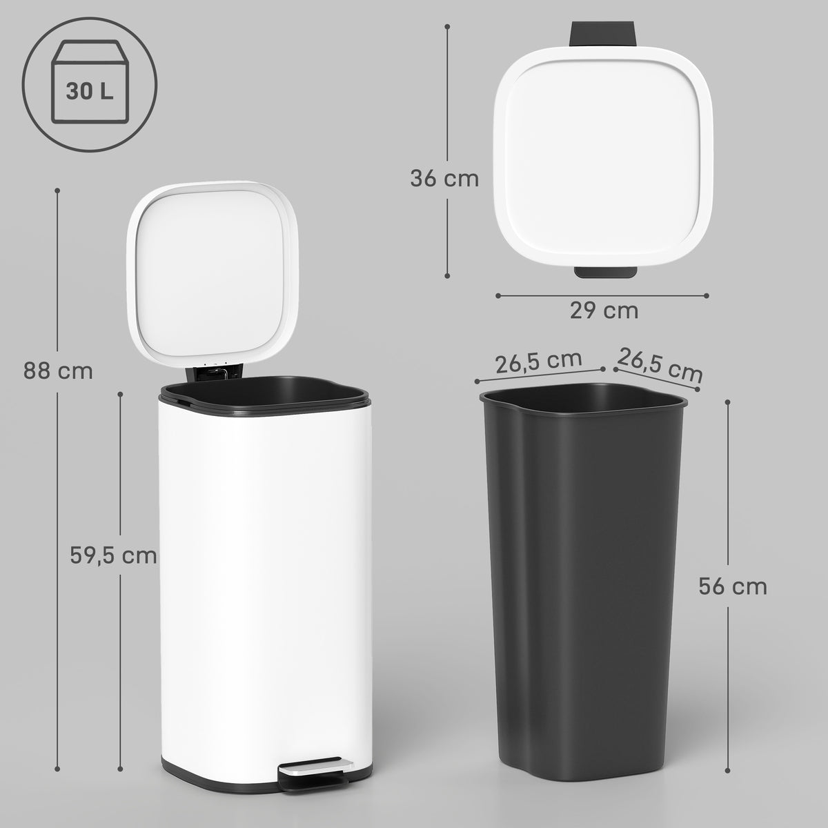 Keittiön poljinroskakori 30 l, pehmeä sulkeutuminen ja auki pysyvä kansi, sormenjälkiä hylkivä, valkoinen