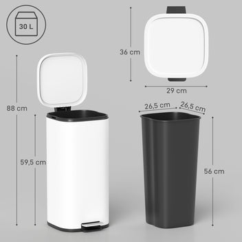 Keittiön poljinroskakori 30 l, pehmeä sulkeutuminen ja auki pysyvä kansi, sormenjälkiä hylkivä, valkoinen
