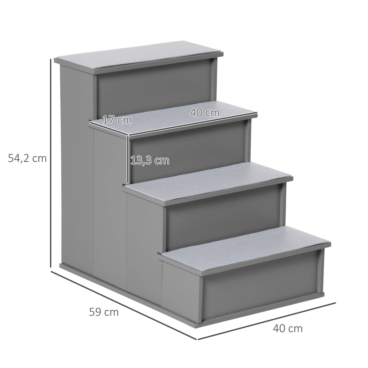 Lemmikin portaat 4 askelmaa, liukumaton lyhytnukka, 30 kg asti, 40 x 59 x 54,2 cm, harmaa