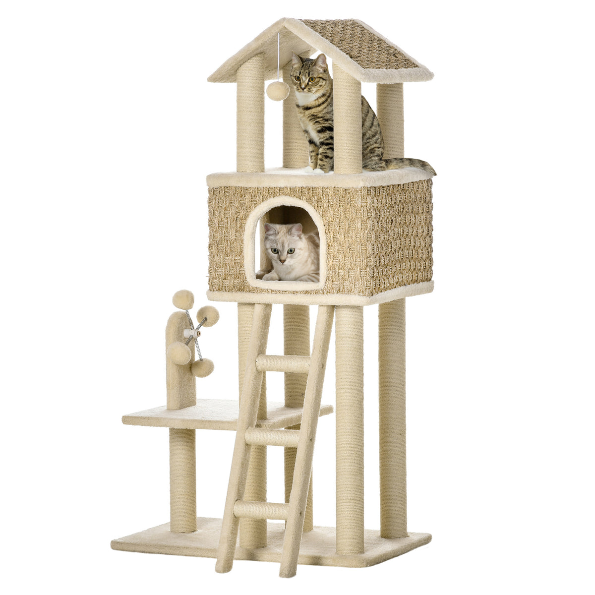 Kissan raapimispuu pesällä ja tikkailla, 131 cm, khaki/beige/ruskea