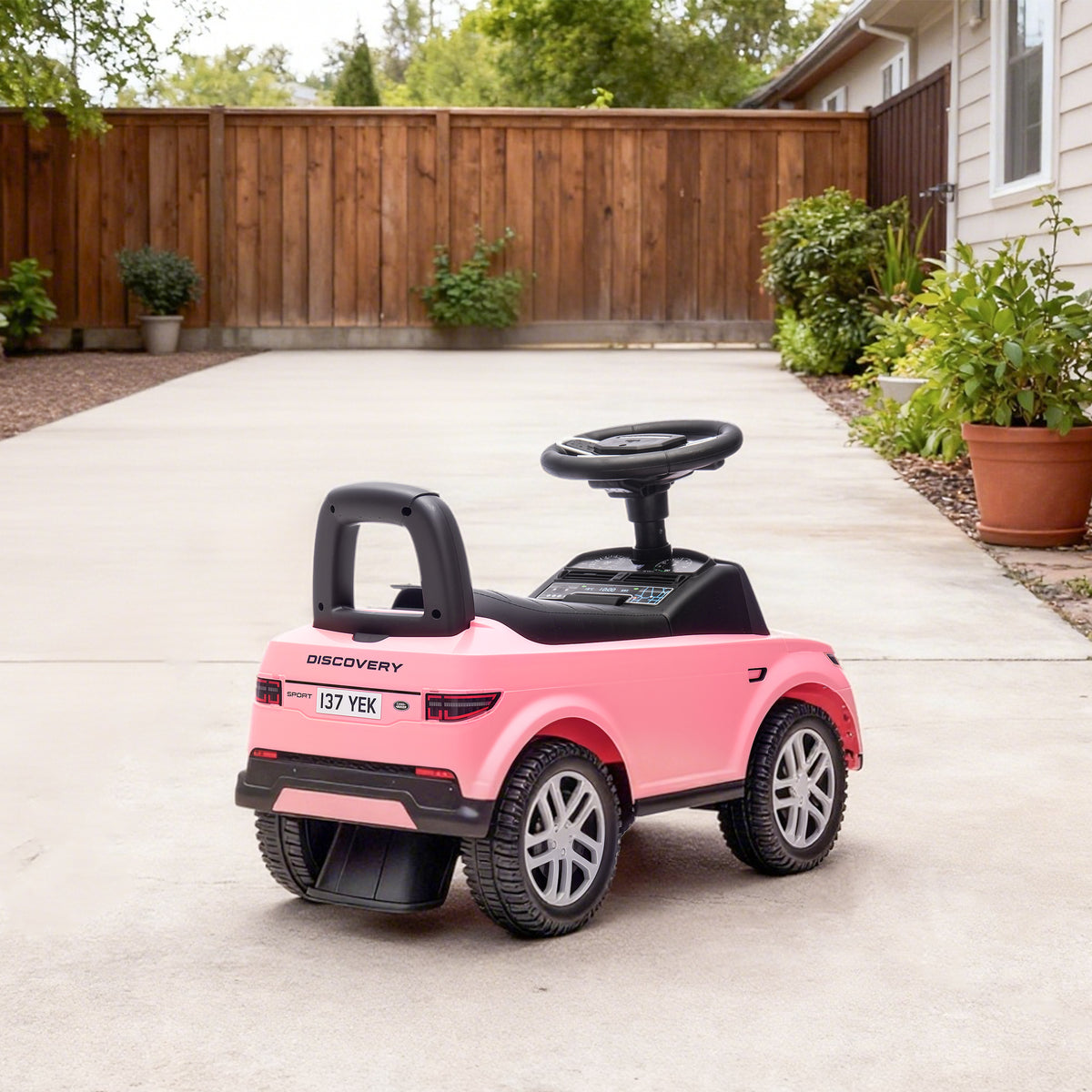 Lasten potkuauto Land Rover Discovery, äänitorvi ja moottoriäänet, säilytystila, 18–36 kk, pinkki