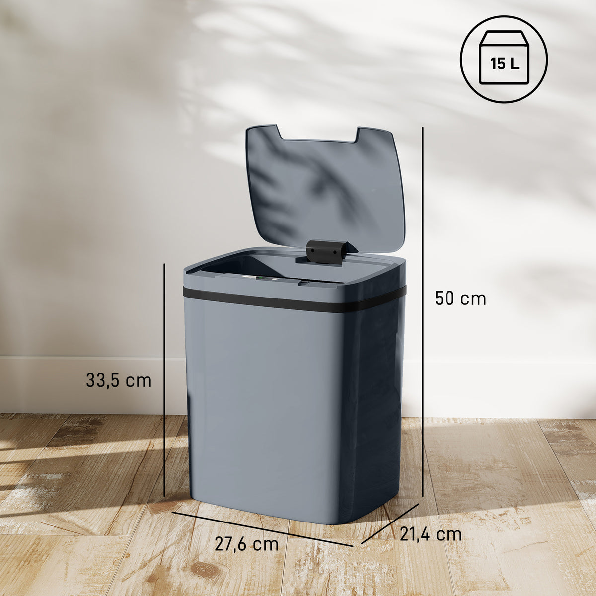 Sensoriroskakori 15 l, kaksi avaustapaa, auki pysyvä tila, muovi, harmaa/musta