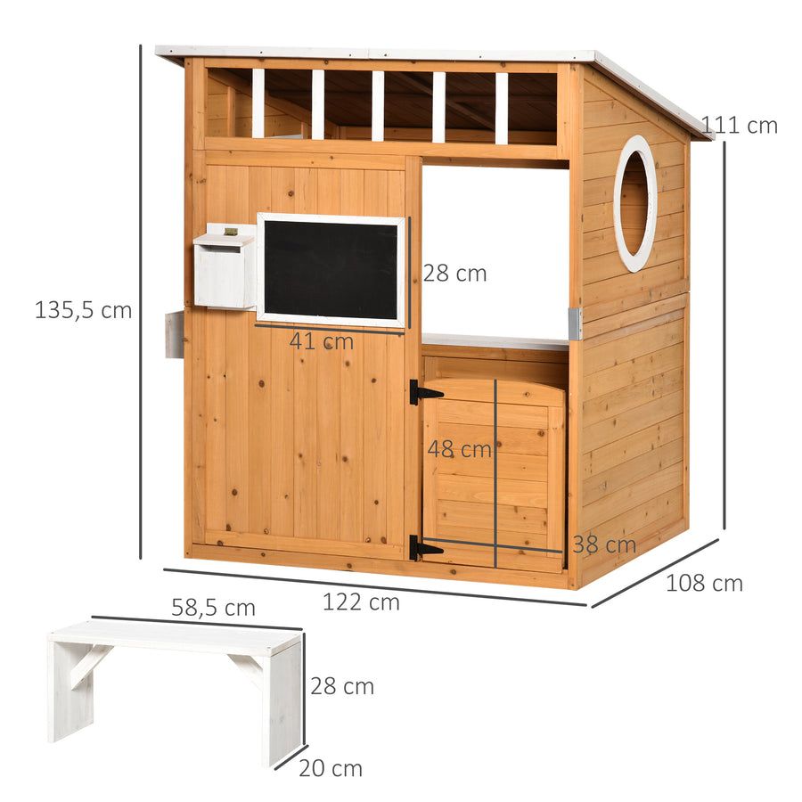 Leikkimökki puusta postilaatikolla, kukkalaatikolla ja penkillä, 122 x 108 x 135,5 cm