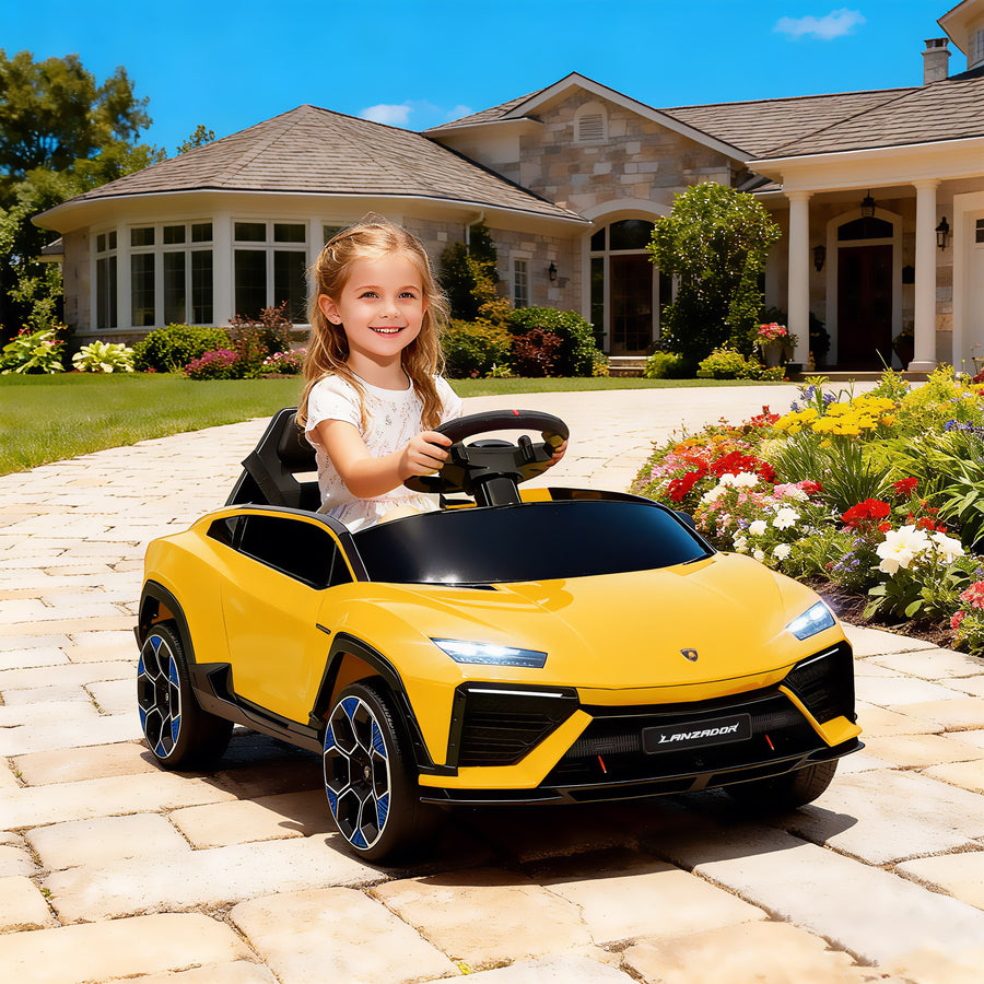 Lasten sähköauto Lamborghini 12V, 2,4 GHz kaukosäädin, LED ja musiikki, 3–6 v, keltainen