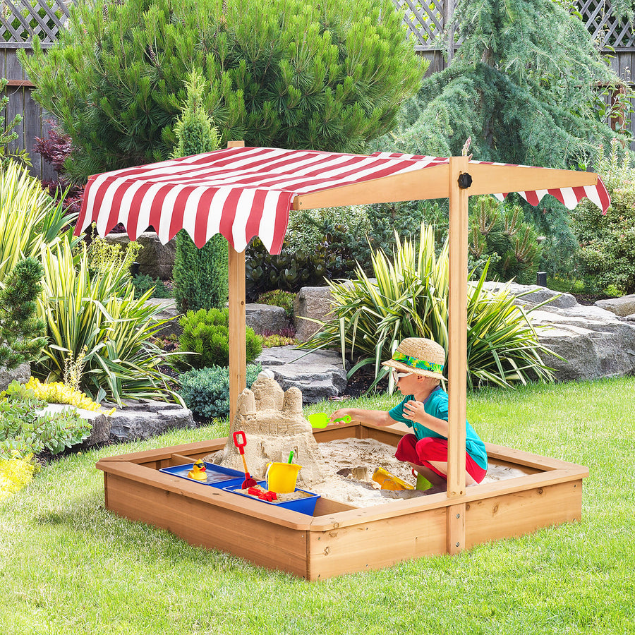 Hiekkalaatikko korkeussäädettävällä katoksella 107,5 x 107,5 cm, kuusi, keltainen