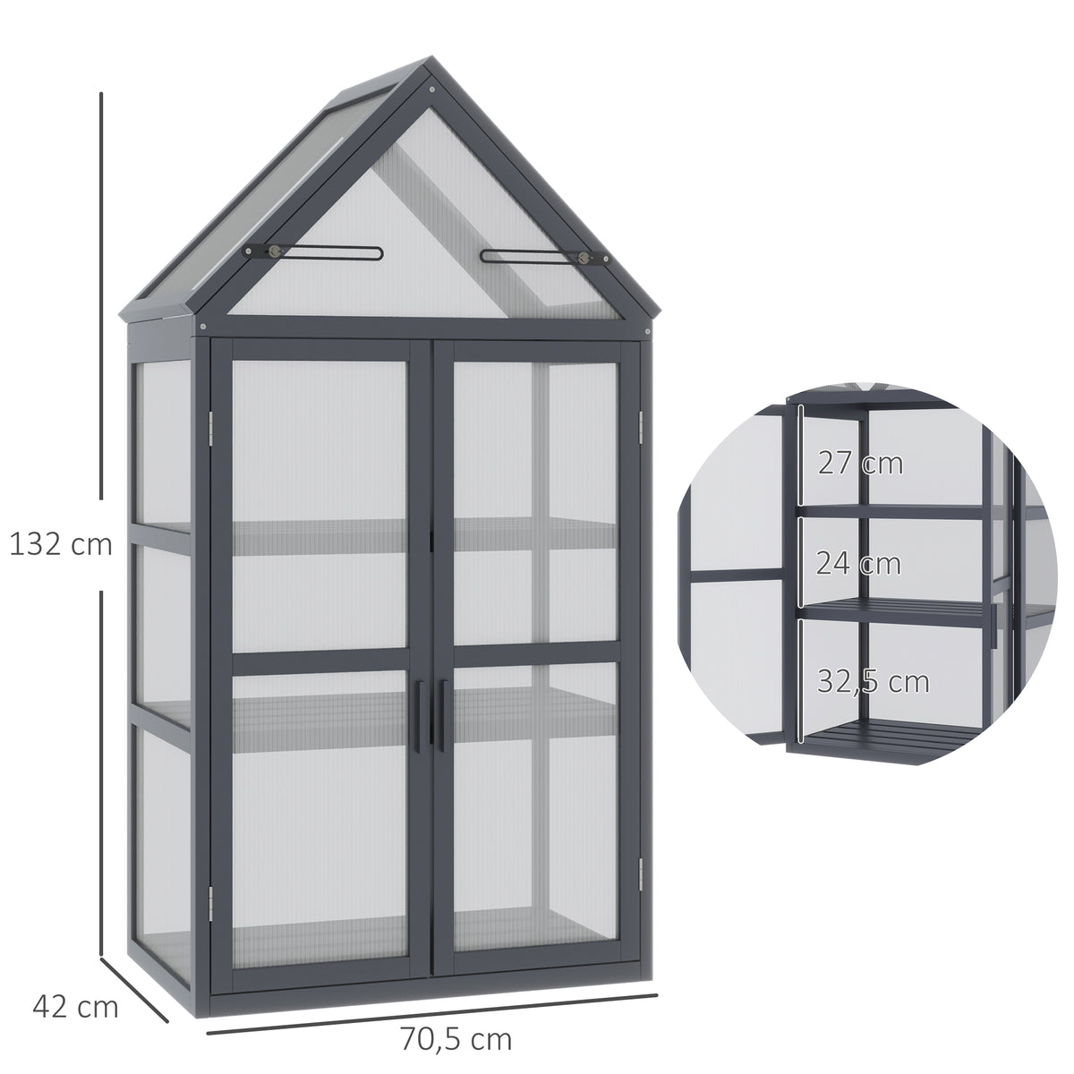 Puinen minikasvihuone kolmella hyllyllä ja avattavalla katolla, 70,5 x 42 x 132 cm, harmaa