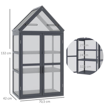 Puinen minikasvihuone kolmella hyllyllä ja avattavalla katolla, 70,5 x 42 x 132 cm, harmaa