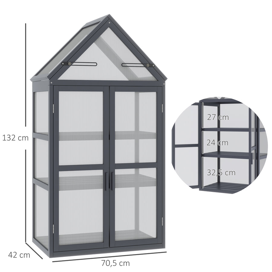 Puinen minikasvihuone kolmella hyllyllä ja avattavalla katolla, 70,5 x 42 x 132 cm, harmaa