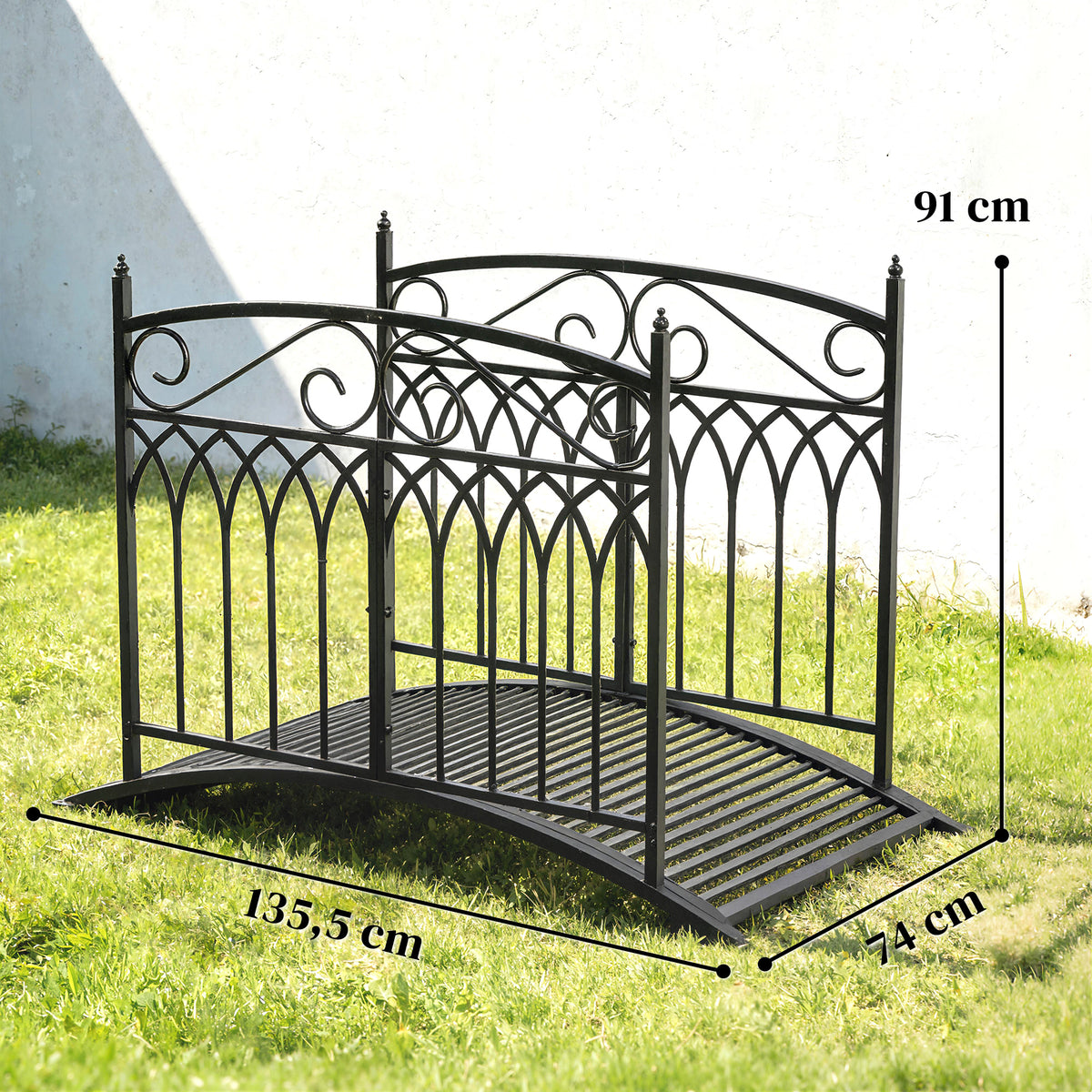 Barokkityylinen metallinen puutarhasilta kaiteilla, 135,5 cm, musta