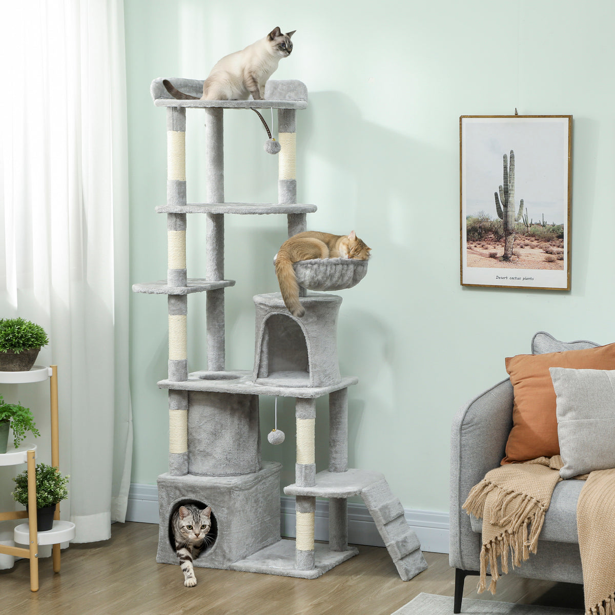 Iso kissan raapimispuu pystytunnelilla ja kahdella pesällä, 170 cm, vaaleanharmaa