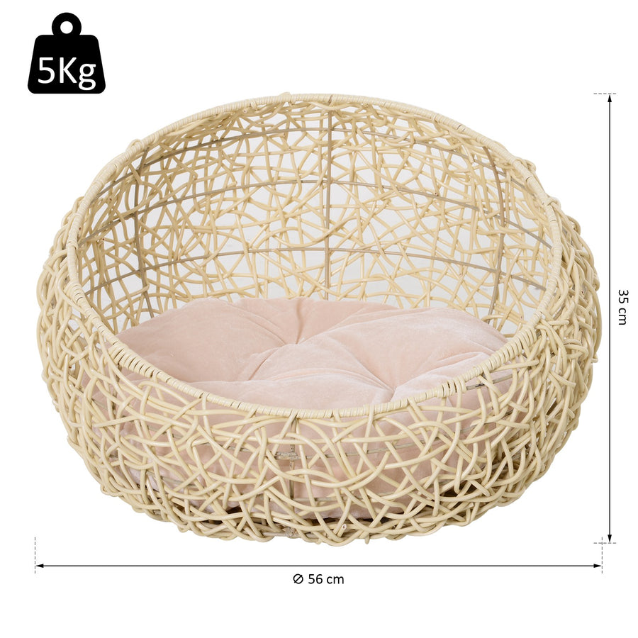 Rottinkinen kissanpesä jalalla ja tyynyllä, Ø56 x 35 cm, beige