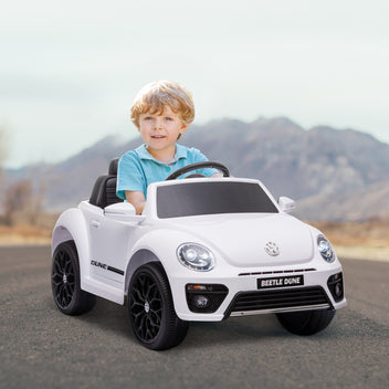 Lasten sähköauto Volkswagen Beetle 12V, kaukosäädin, radio ja musiikki, 3–5 v, valkoinen