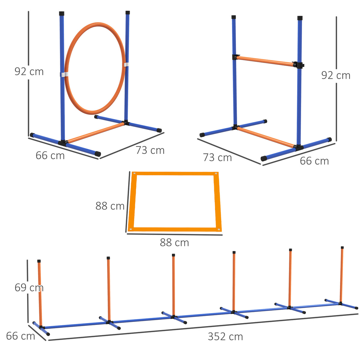 Koiran agility-rata 7 osaa: pujottelu, esteet, rengas, tunnelit ja pysähdysruutu, oranssi/sininen