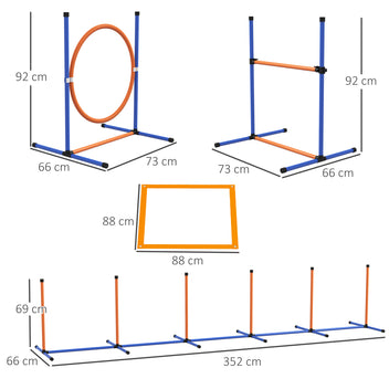 Koiran agility-rata 7 osaa: pujottelu, esteet, rengas, tunnelit ja pysähdysruutu, oranssi/sininen