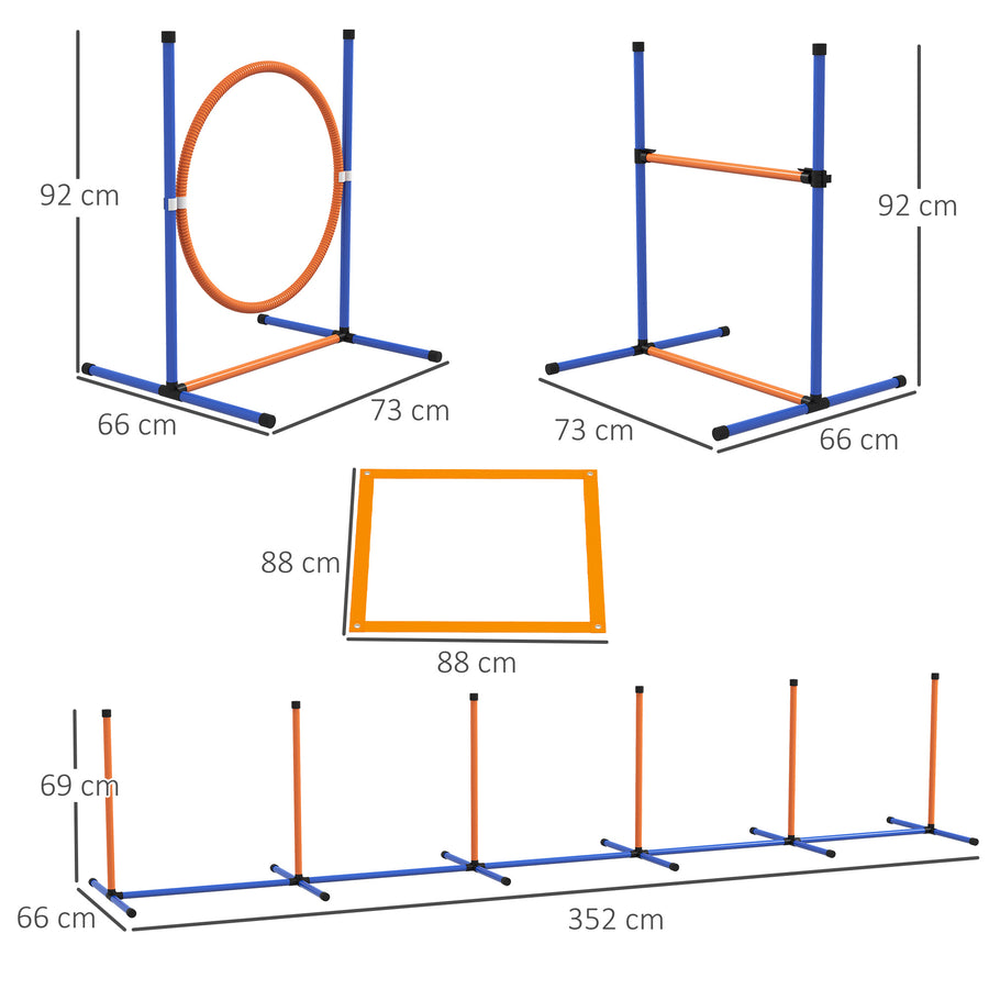 Koiran agility-rata 7 osaa: pujottelu, esteet, rengas, tunnelit ja pysähdysruutu, oranssi/sininen