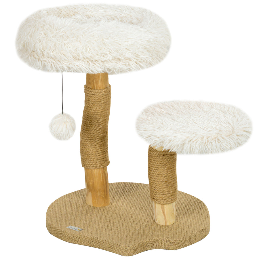 Kissan raapimispuu massiivipuisilla pylväillä ja pedillä, 61,5 cm, valkoinen