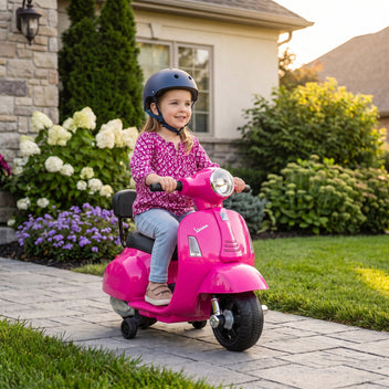 Lasten sähkömopo Mini Vespa GTS litiumakulla, selkänoja ja tukipyörät, 1,5–3 v, pinkki