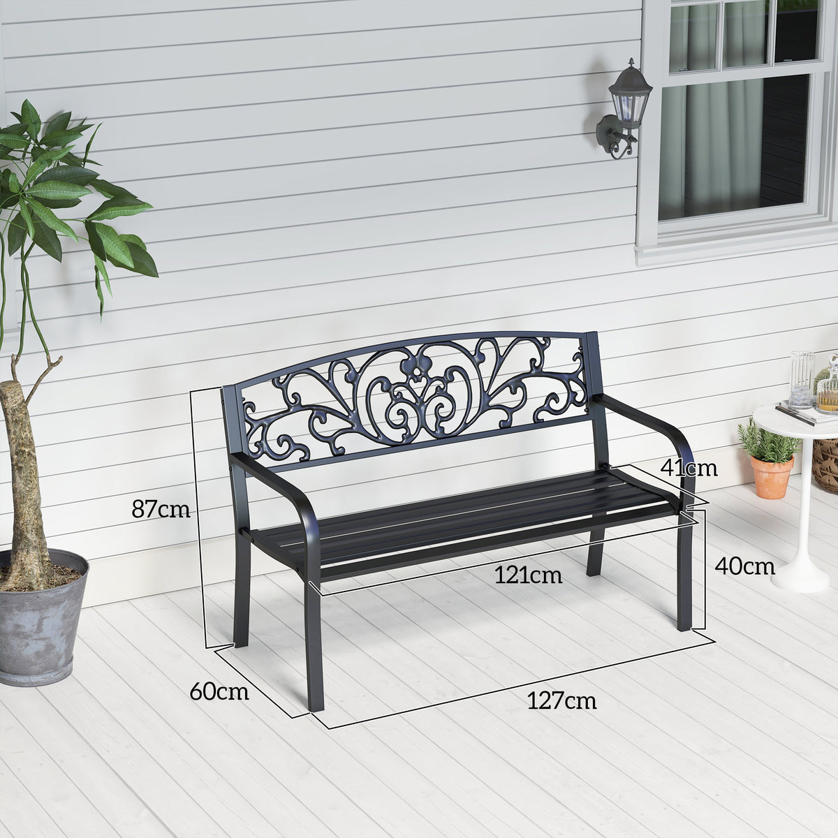 Metallinen puutarhapenkki kukkakuvioinnilla, 2-istuttava, 127 cm, musta