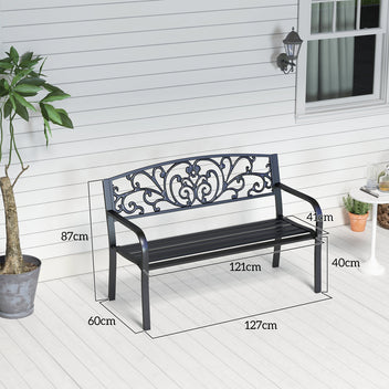 Metallinen puutarhapenkki kukkakuvioinnilla, 2-istuttava, 127 cm, musta