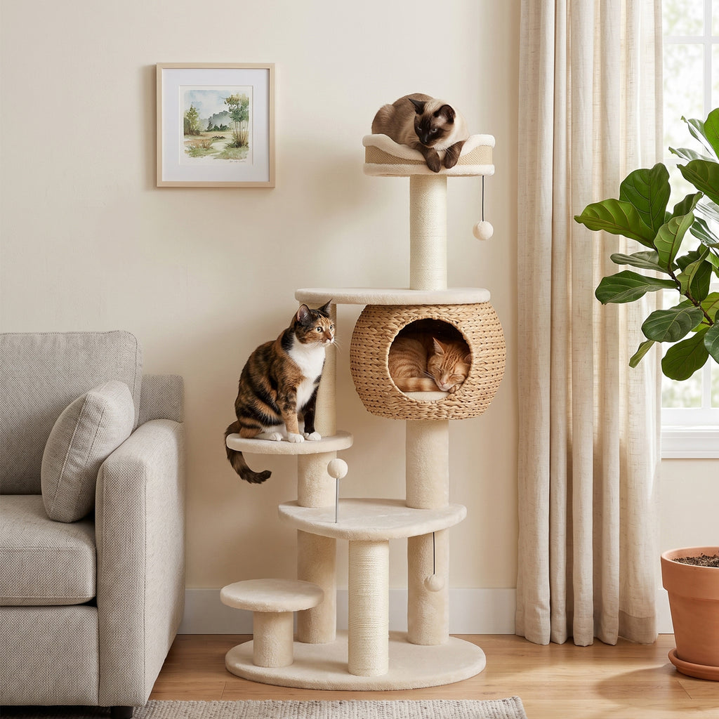 Kissan raapimispuu punotulla osmankäämipesällä, 132 cm, beige