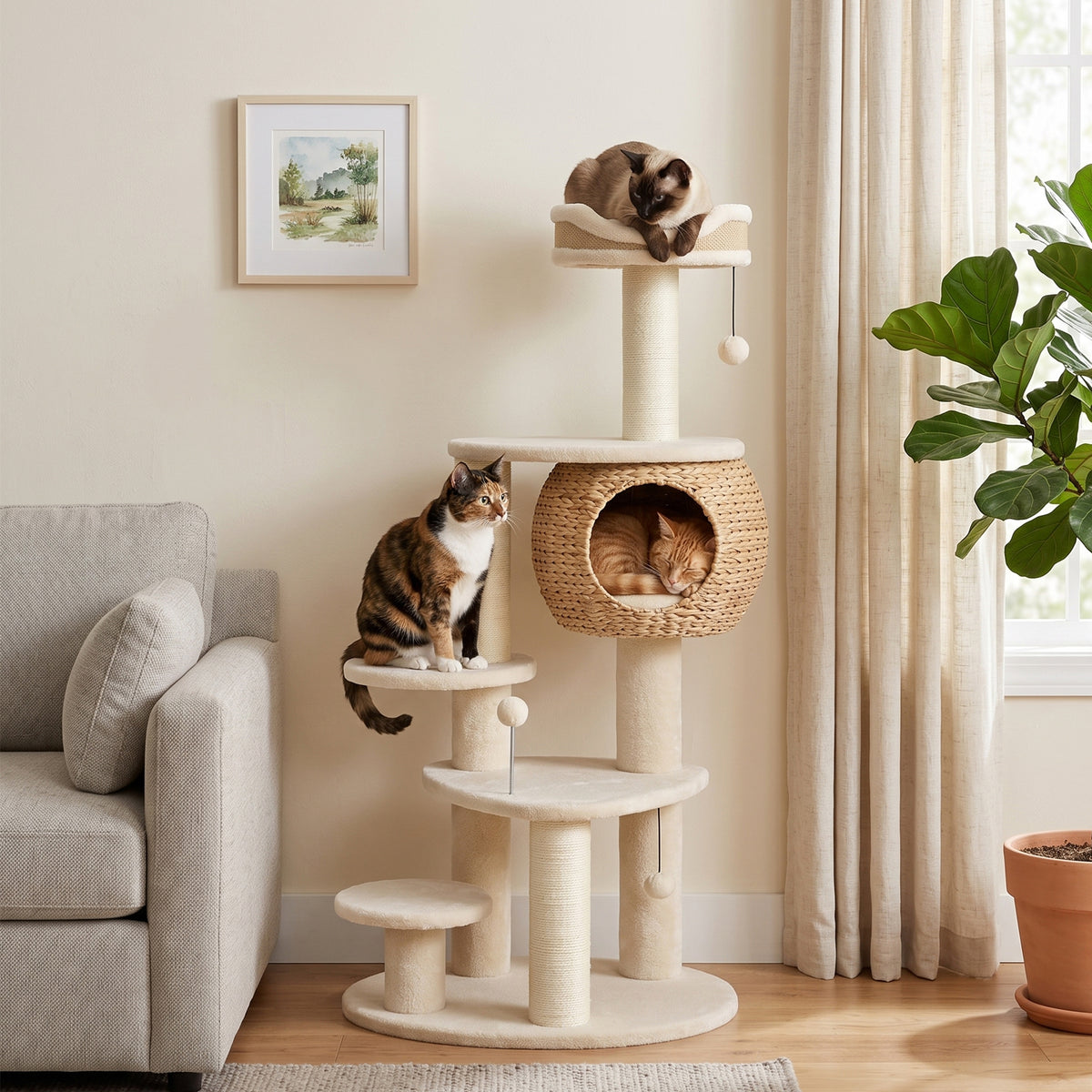 Kissan raapimispuu punotulla osmankäämipesällä, 132 cm, beige