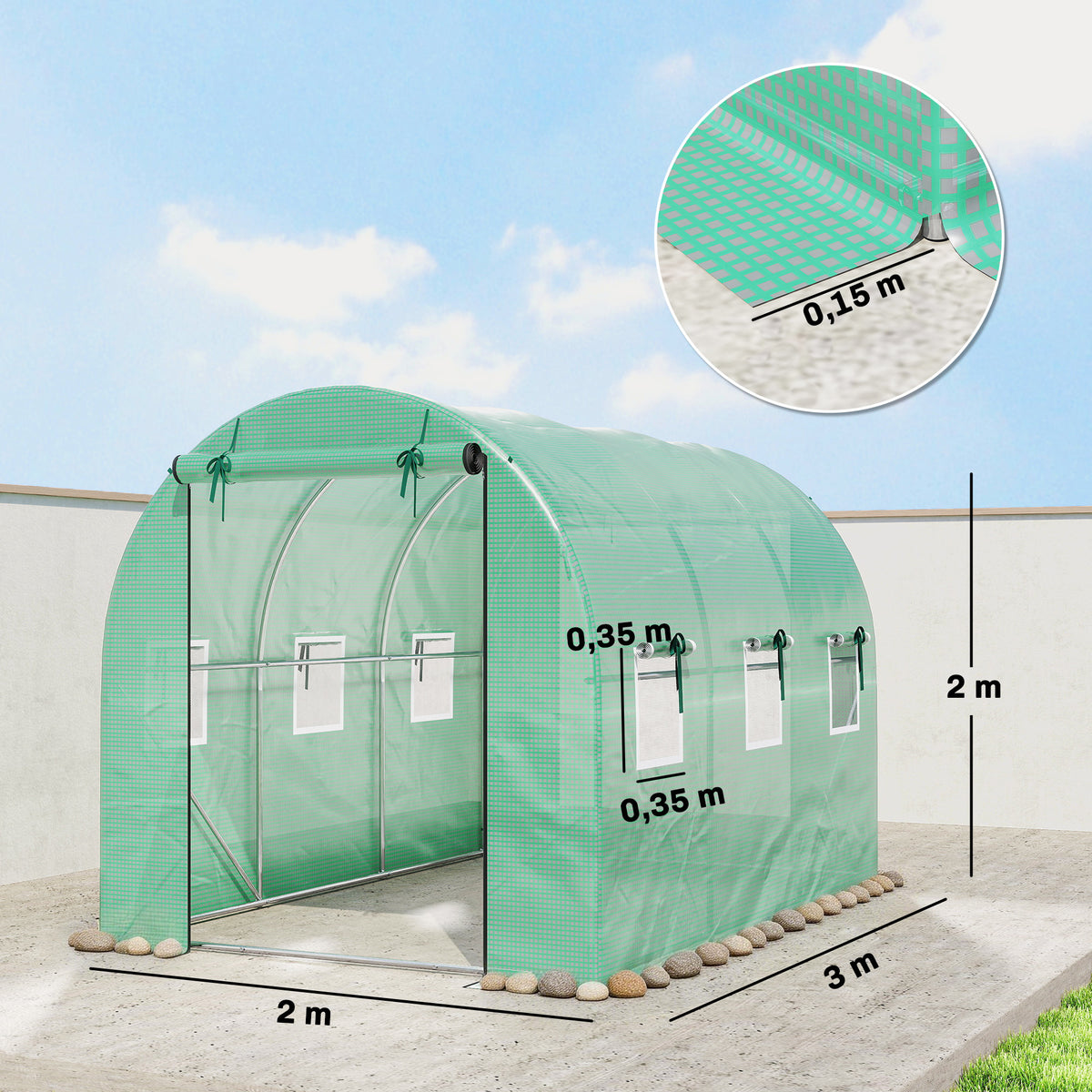 Tunnelikasvihuone tukitangoilla, kaksi rullaovea, 3 x 2 x 2 m, vihreä