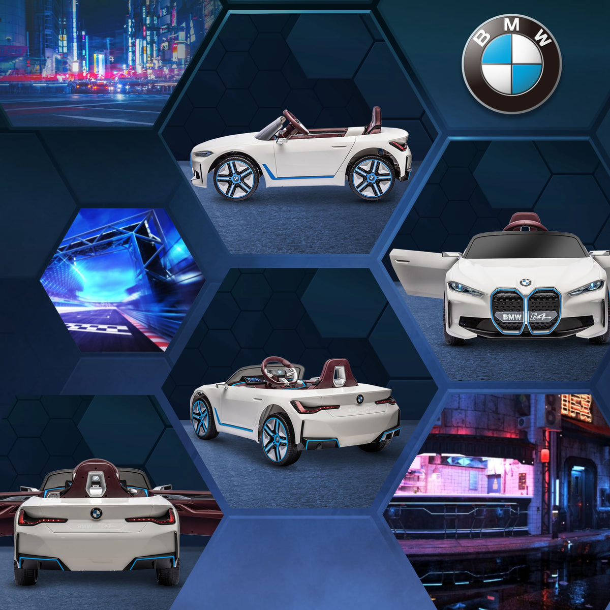 Lasten sähköauto BMW i4 – turvavyö, kaukosäädin ja multimediasoitin, 12V akku, valkoinen