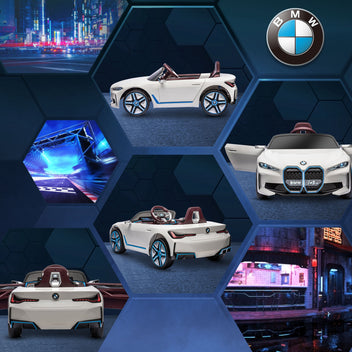 Lasten sähköauto BMW i4 – turvavyö, kaukosäädin ja multimediasoitin, 12V akku, valkoinen